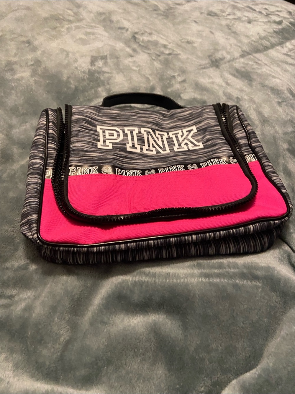 Victoria's Secret PINK Gray Striped and Hot Pink Travel Cosmetic Case